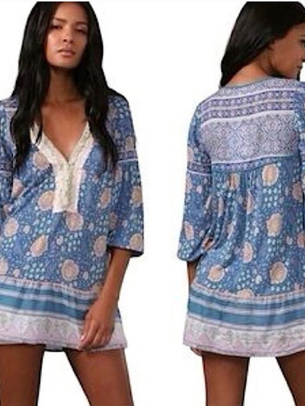 Free People  Sweet Poland Boho Teal Floral Lace-Trim Peasant Tunic Top  Sz L